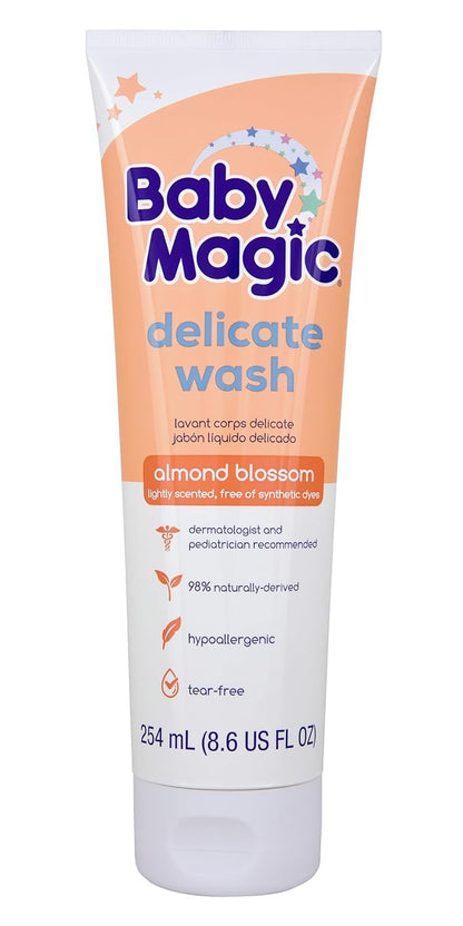 Baby Magic Delicate Wash, Gently Cleanses Baby, Tear-Free, Camellia & Coconut Oil, Almond Blossom Light Scent, Dermatologist & Pediatrician Recommended, Hypoallergenic, 8.6 oz (Pack of 1)